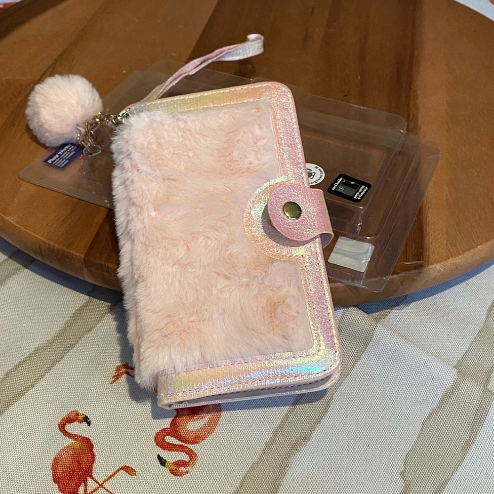 NWTS Pink Furry Wallet Case Cover IPhone 12 Pro Max with Pom Pom Handle